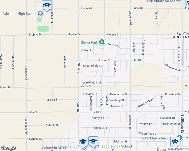 map of restaurants, bars, coffee shops, grocery stores, and more near 10636 Plainfield Street in Adelanto