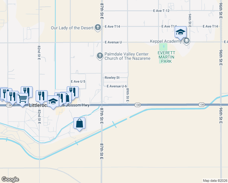 map of restaurants, bars, coffee shops, grocery stores, and more near 8740 East Avenue U-6 in Littlerock