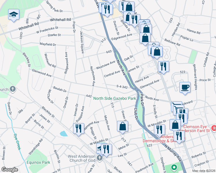 map of restaurants, bars, coffee shops, grocery stores, and more near 425 S-4-342 in Anderson