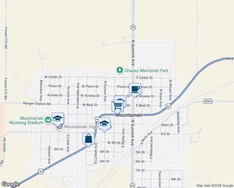 map of restaurants, bars, coffee shops, grocery stores, and more near 211 North Ripley Avenue in Mountainair
