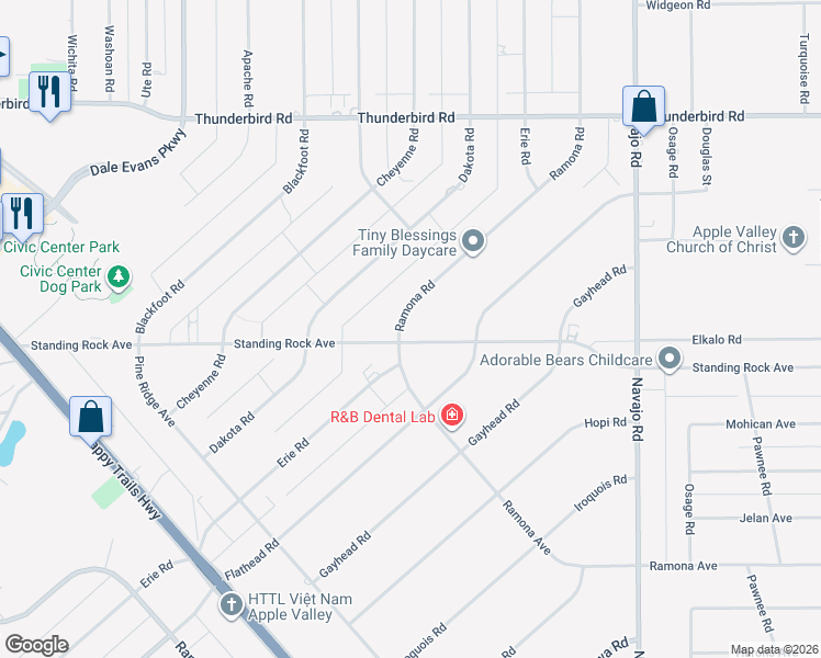 map of restaurants, bars, coffee shops, grocery stores, and more near 14915 Ramona Avenue in Apple Valley