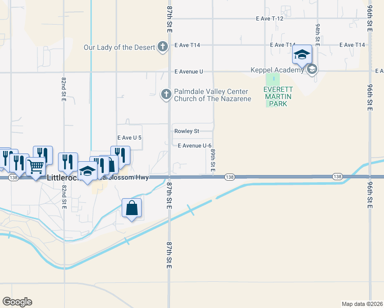 map of restaurants, bars, coffee shops, grocery stores, and more near 8740 East Avenue U-6 in Littlerock