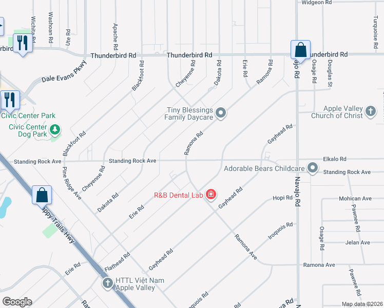 map of restaurants, bars, coffee shops, grocery stores, and more near 14915 Ramona Avenue in Apple Valley