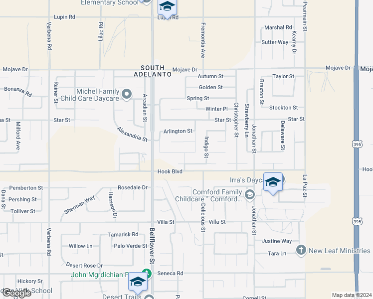 map of restaurants, bars, coffee shops, grocery stores, and more near 11436 Charlotte Street in Adelanto