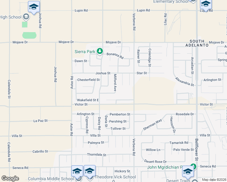 map of restaurants, bars, coffee shops, grocery stores, and more near 10770 Plainfield Street in Adelanto