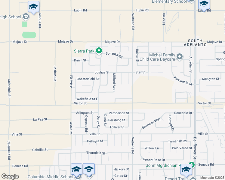 map of restaurants, bars, coffee shops, grocery stores, and more near 10770 Plainfield Street in Adelanto