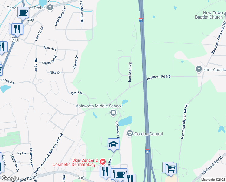 map of restaurants, bars, coffee shops, grocery stores, and more near 352 Newtown Road Northeast in Calhoun