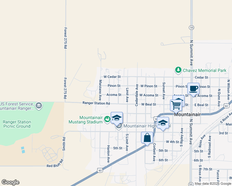 map of restaurants, bars, coffee shops, grocery stores, and more near 901 Acoma Street in Mountainair