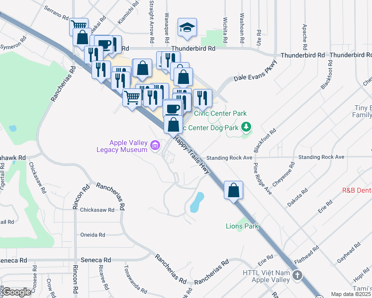 map of restaurants, bars, coffee shops, grocery stores, and more near Outer Highway 18 South in Apple Valley