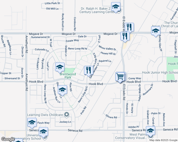 map of restaurants, bars, coffee shops, grocery stores, and more near 14993 Brown Lane in Victorville