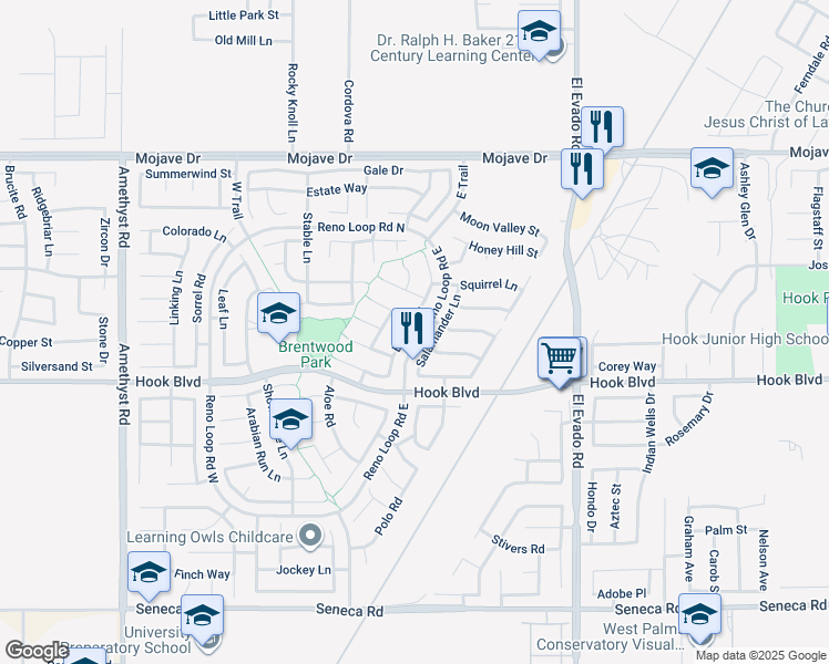 map of restaurants, bars, coffee shops, grocery stores, and more near 14993 Brown Lane in Victorville