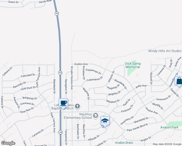 map of restaurants, bars, coffee shops, grocery stores, and more near 2279 Catamaran Court in Lake Havasu City