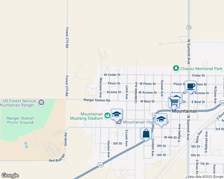 map of restaurants, bars, coffee shops, grocery stores, and more near 901 Acoma Street in Mountainair
