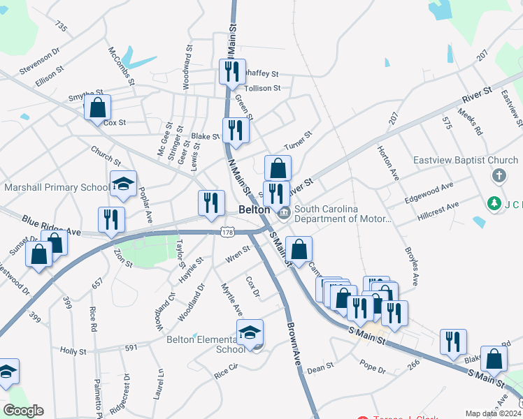 map of restaurants, bars, coffee shops, grocery stores, and more near Public Square in Belton