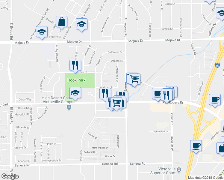 map of restaurants, bars, coffee shops, grocery stores, and more near 15161 Wildrose Street in Victorville