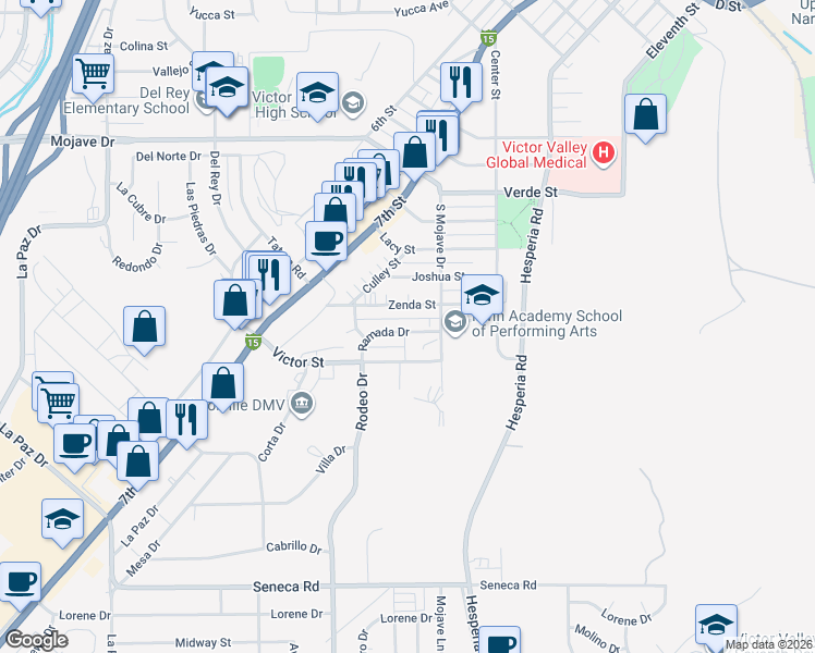 map of restaurants, bars, coffee shops, grocery stores, and more near 16642 Ramada Drive in Victorville