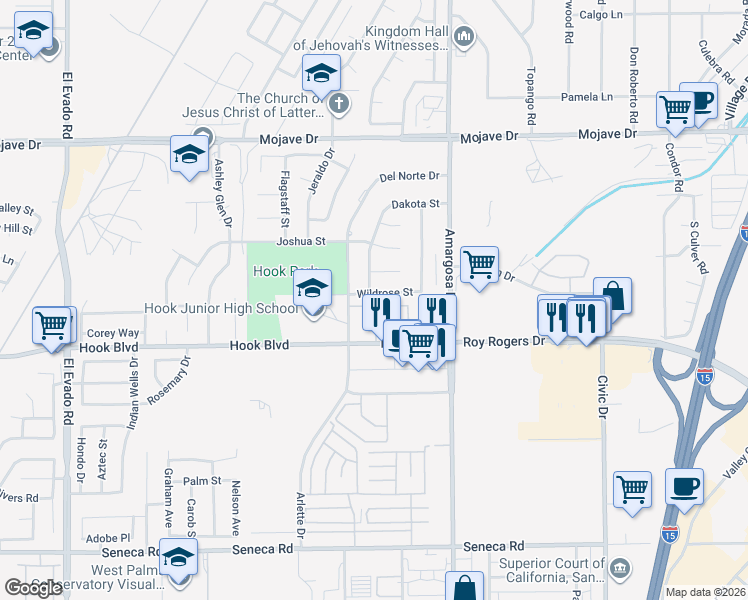 map of restaurants, bars, coffee shops, grocery stores, and more near 15151 Wildrose Street in Victorville