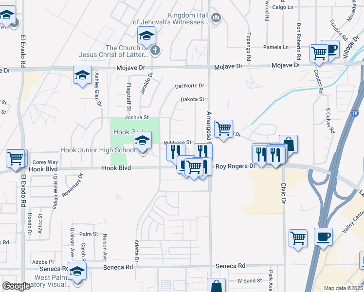 map of restaurants, bars, coffee shops, grocery stores, and more near 15151 Wildrose Street in Victorville