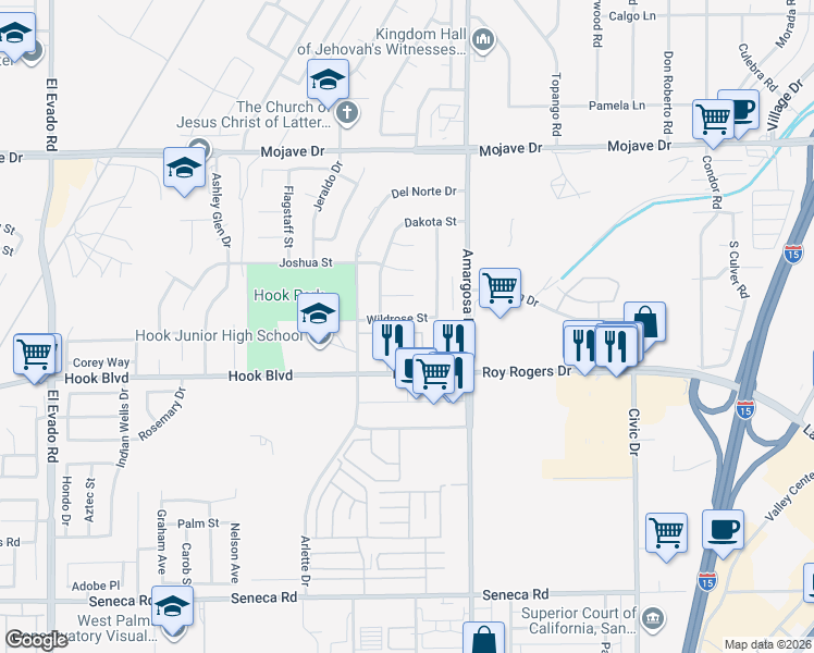 map of restaurants, bars, coffee shops, grocery stores, and more near 15171 Wildrose Street in Victorville