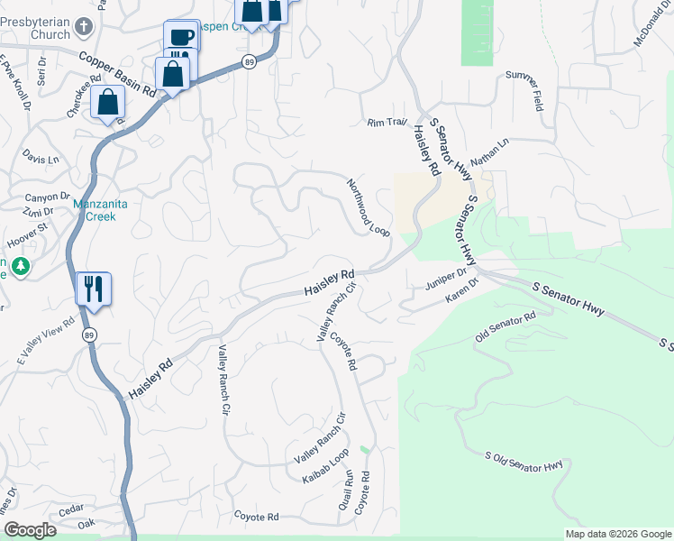 map of restaurants, bars, coffee shops, grocery stores, and more near 1990 Valley Ranch Circle in Prescott