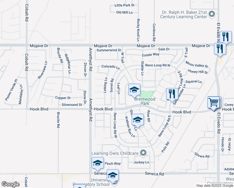 map of restaurants, bars, coffee shops, grocery stores, and more near 14990 Leaf Lane in Victorville