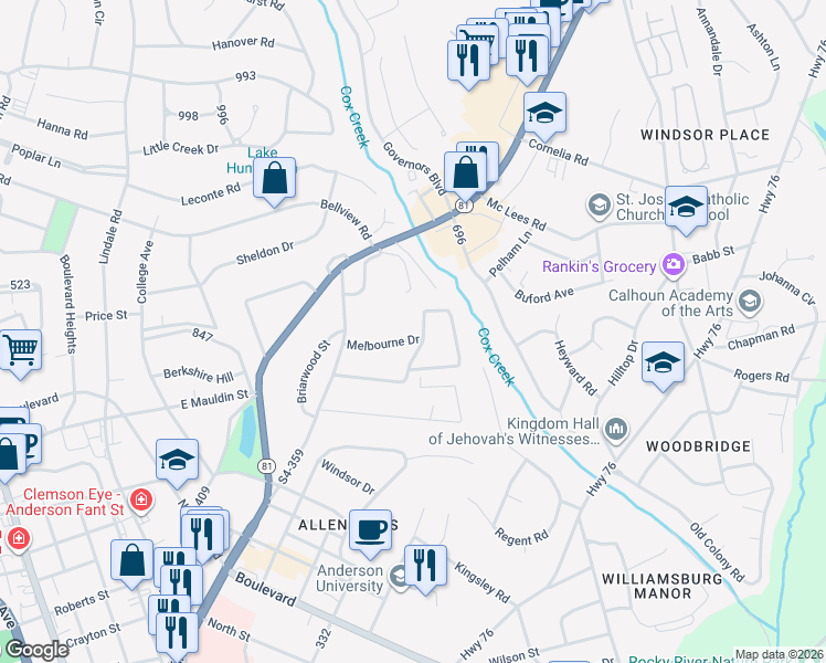 map of restaurants, bars, coffee shops, grocery stores, and more near 1211 Melbourne Drive in Anderson