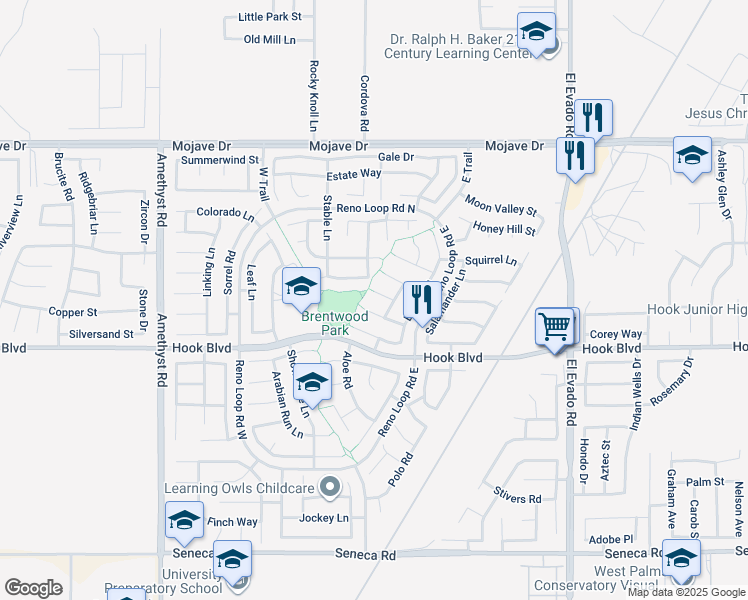 map of restaurants, bars, coffee shops, grocery stores, and more near 14115 Buckskin Court in Victorville
