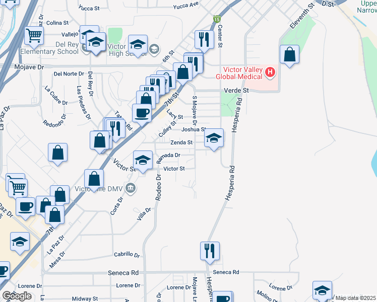 map of restaurants, bars, coffee shops, grocery stores, and more near 16676 Ramada Drive in Victorville