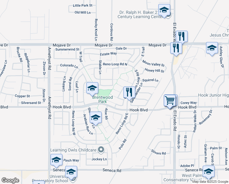 map of restaurants, bars, coffee shops, grocery stores, and more near 14115 Buckskin Court in Victorville