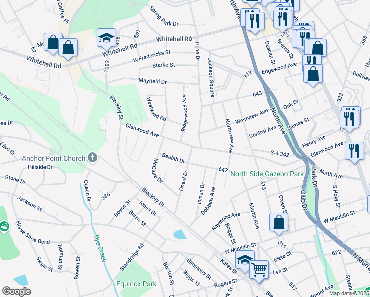 map of restaurants, bars, coffee shops, grocery stores, and more near 105 Oneal Drive in Anderson
