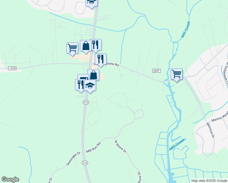 map of restaurants, bars, coffee shops, grocery stores, and more near 1121 Mill Run Road in Sneads Ferry