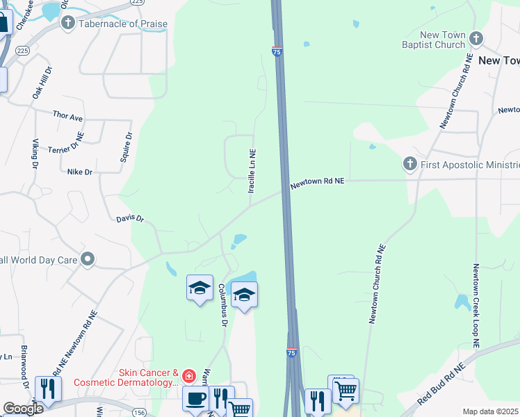 map of restaurants, bars, coffee shops, grocery stores, and more near 413 Newtown Road Northeast in Calhoun