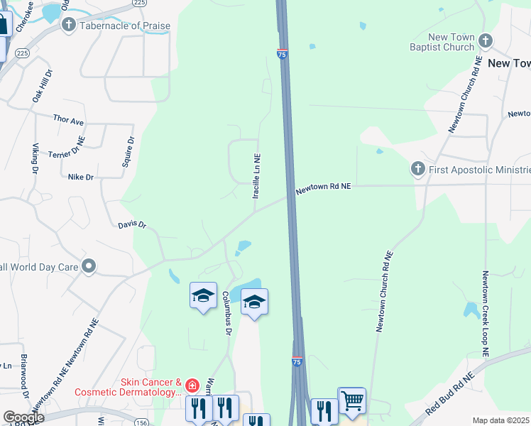 map of restaurants, bars, coffee shops, grocery stores, and more near 413 Newtown Road Northeast in Calhoun