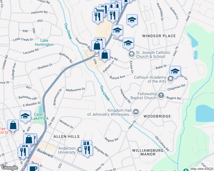 map of restaurants, bars, coffee shops, grocery stores, and more near 618 Rantowles Road in Anderson