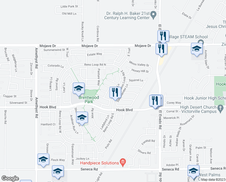 map of restaurants, bars, coffee shops, grocery stores, and more near 14199 Auburn Court in Victorville