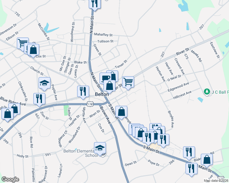map of restaurants, bars, coffee shops, grocery stores, and more near 200 City Square in Belton