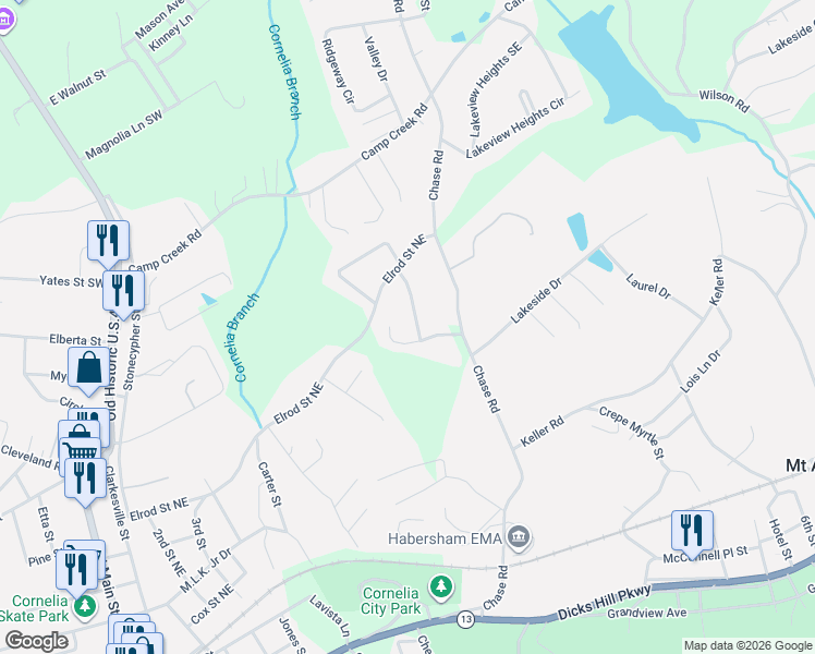 map of restaurants, bars, coffee shops, grocery stores, and more near 115 Sarah Lane in Cornelia