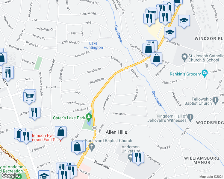 map of restaurants, bars, coffee shops, grocery stores, and more near 1215 Briarwood Street in Anderson
