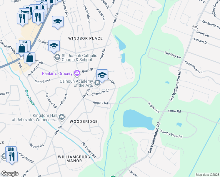 map of restaurants, bars, coffee shops, grocery stores, and more near 1520 East Calhoun Street in Anderson
