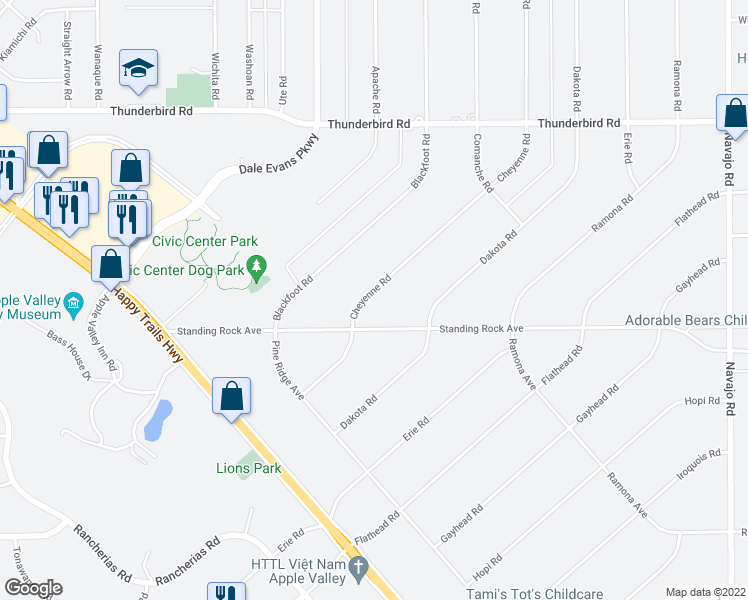 map of restaurants, bars, coffee shops, grocery stores, and more near 14945 Cheyenne Road in Apple Valley