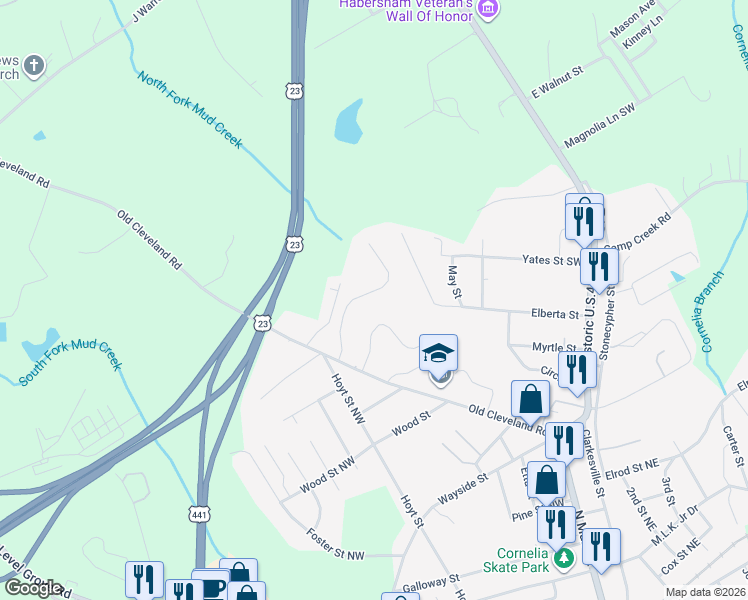 map of restaurants, bars, coffee shops, grocery stores, and more near 291 Modoc Drive in Cornelia