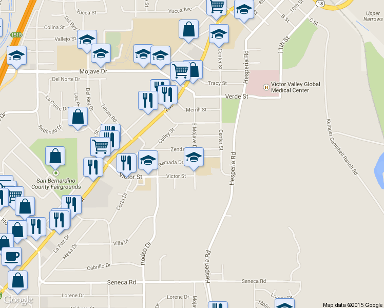 map of restaurants, bars, coffee shops, grocery stores, and more near 16696 Zenda Street in Victorville
