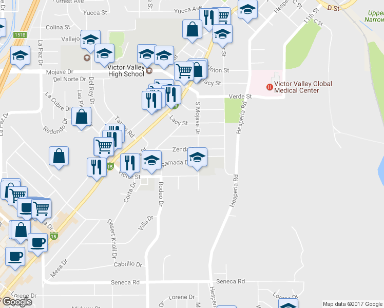 map of restaurants, bars, coffee shops, grocery stores, and more near 16696 Zenda Street in Victorville