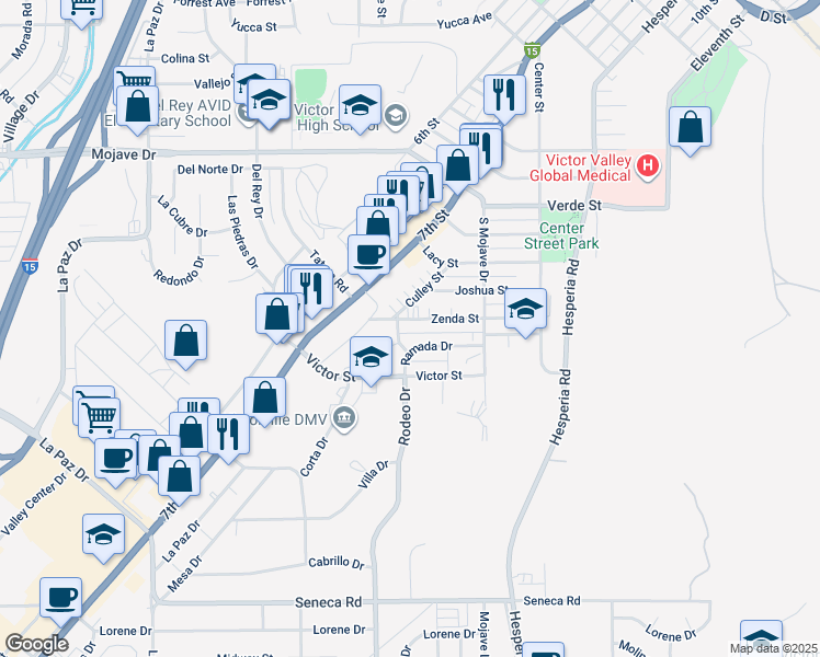 map of restaurants, bars, coffee shops, grocery stores, and more near 15018 Culley Street in Victorville