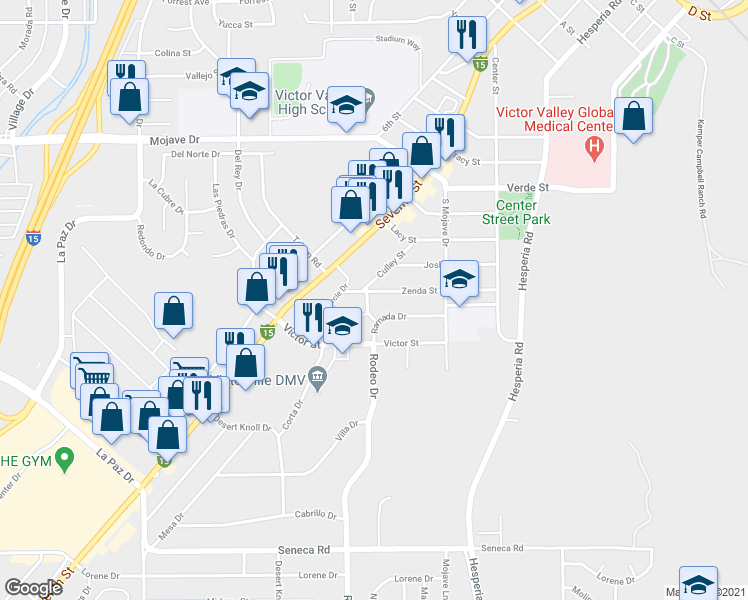 map of restaurants, bars, coffee shops, grocery stores, and more near 15018 Culley Street in Victorville