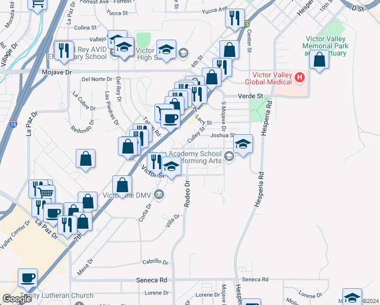 map of restaurants, bars, coffee shops, grocery stores, and more near 16567 Zenda Street in Victorville