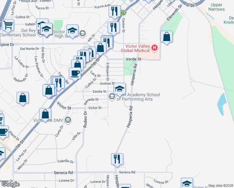 map of restaurants, bars, coffee shops, grocery stores, and more near 16753 Zenda Street in Victorville