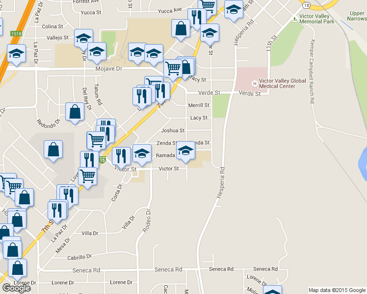 map of restaurants, bars, coffee shops, grocery stores, and more near 16696 Zenda Street in Victorville