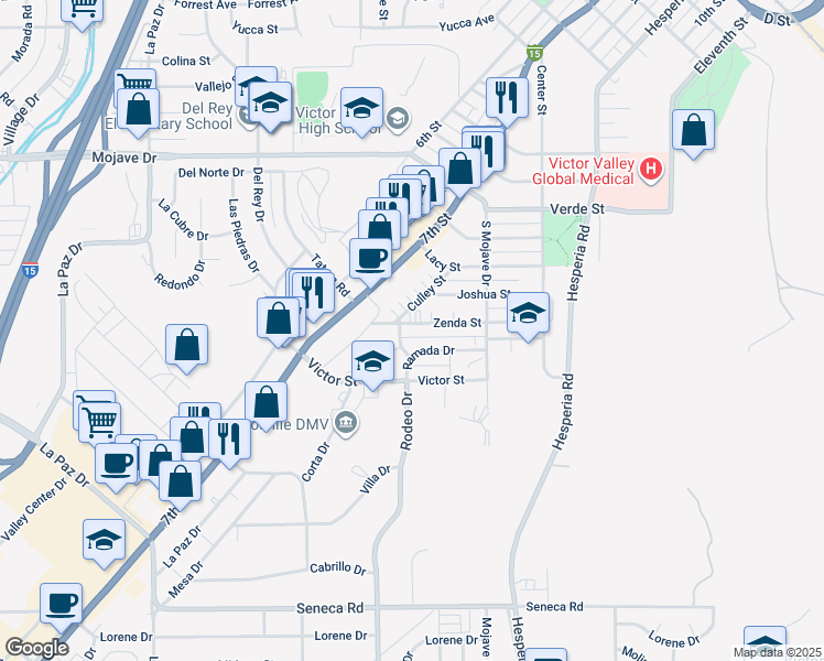 map of restaurants, bars, coffee shops, grocery stores, and more near 16567 Zenda Street in Victorville