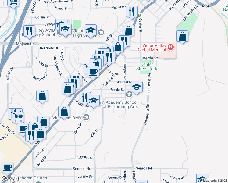 map of restaurants, bars, coffee shops, grocery stores, and more near 16627 Zenda Street in Victorville